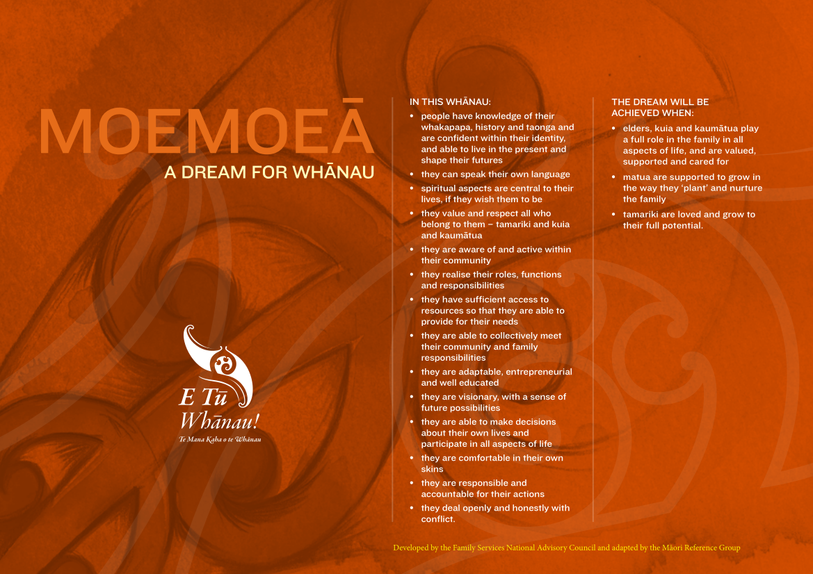 The orange coloured Moemoeā - A dream for all whānau poster that is available for download. 