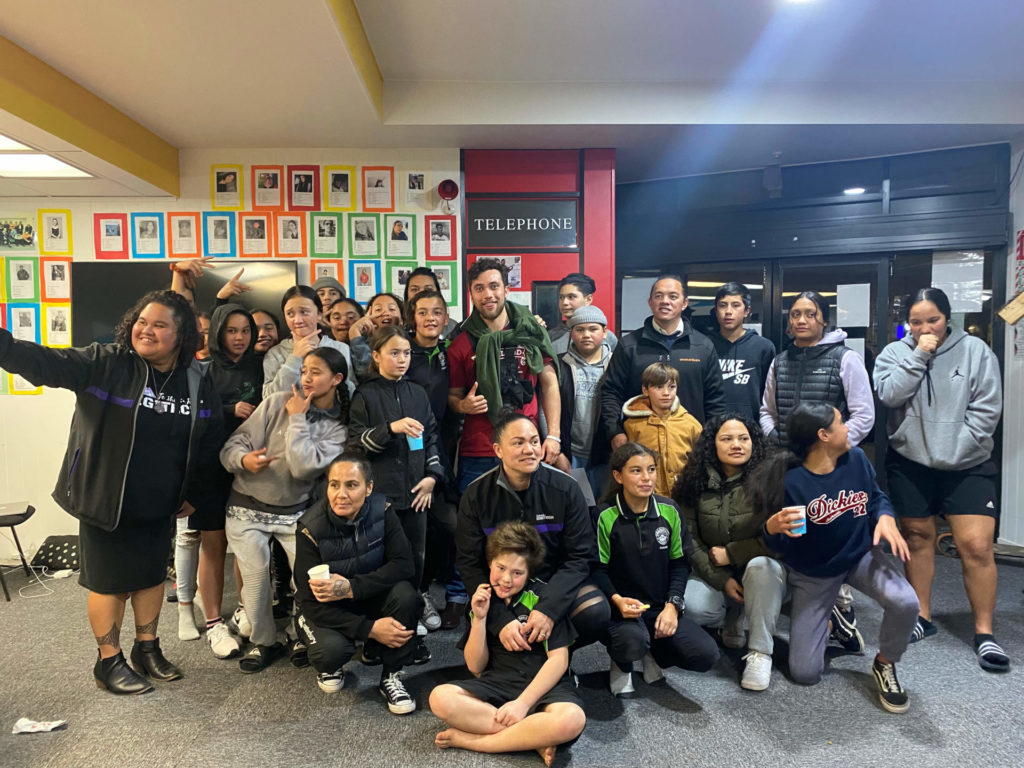 Rangatahi attending an E Tū Whānau Ngā Pakiaka filmmaking workshop in Opōtiki gather for a group photo