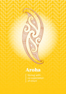 The yellow cover of the Aroha booklet., with the tag line: Giving with no expectation of return. The image links through to a pdf version of the booklet for download.