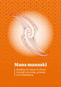 The orange cover of the Mana manaaki booklet, with the tag line: Building the mana of others through nurturing, growing and challenging. The image links through to a pdf version of the booklet for download.