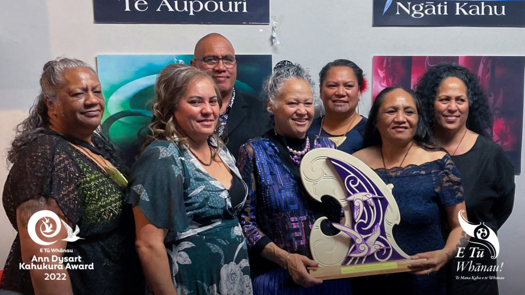 Members of Waitomo Papakāinga Development Society, community leaders, pose with the trophy the won in the Ann Dysart Kahukura Award 2022.