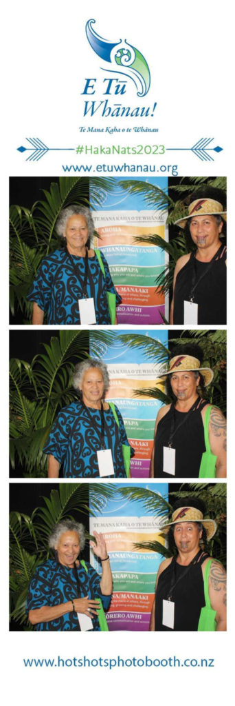 Three strip photos of Katie Murray and Nan Trebilcock printed by the E Tū Whānau photo booth at Te Matatini 2023. 