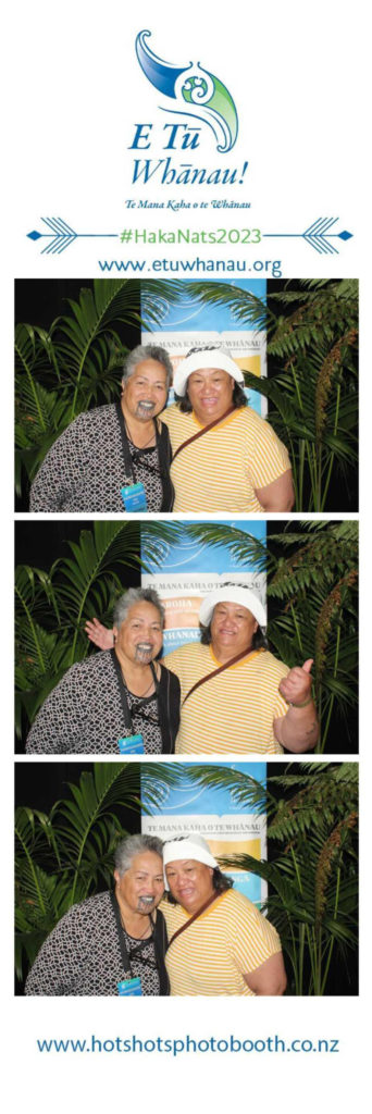 Three strip photos of Moerangi Falaoa-Rakaupai and Maree Tukukino at Te Matatini 2023 printed by the E Tū Whānau photo booth at Te Matatini 2023. 