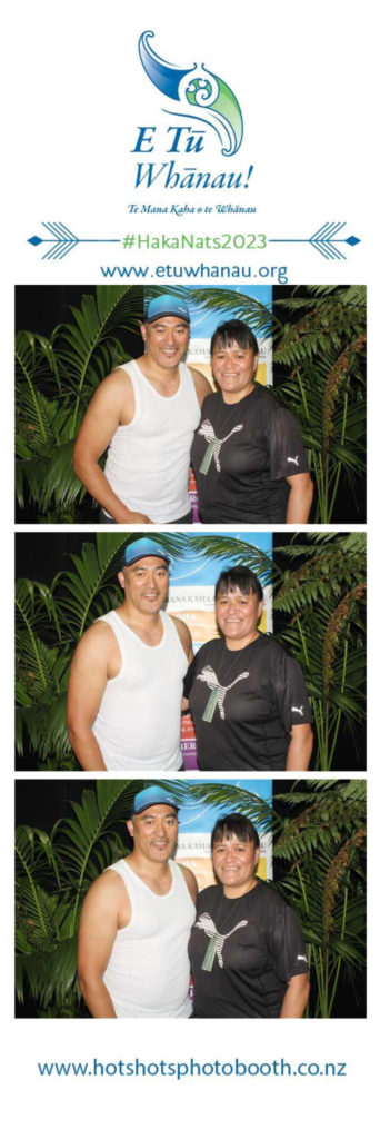 Three photos of Sonya and Richard Taukamo-Pohio at Te Matatini 2023 printed by the E Tū Whānau photo booth at Te Matatini 2023. 