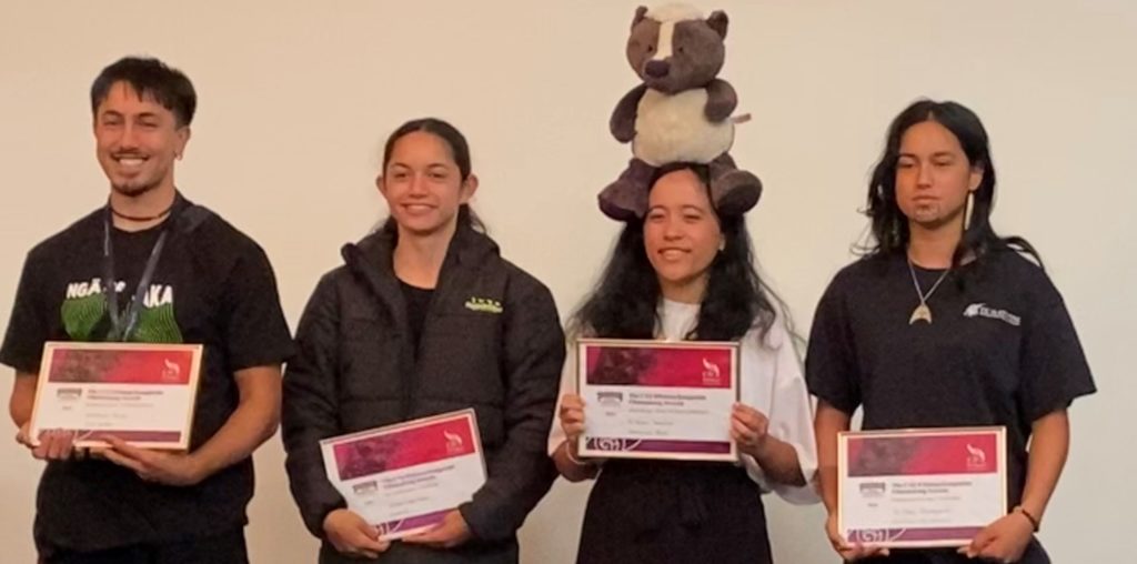 Four of the 10 winners in the E Tū Whānau Rangatahi Film Awards 2023 with their certificates.