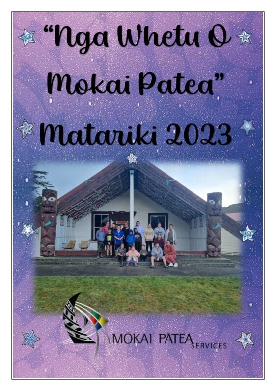 Image of a poster advertising the Ngā Whetu of Mokai Patea Matariki 2023 event. The image on the poster is of people collected in front of a wharenui (meeting house).
