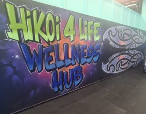 Image of a mural done in graffiti saying "Hikoi4Liife Wellness Hub"