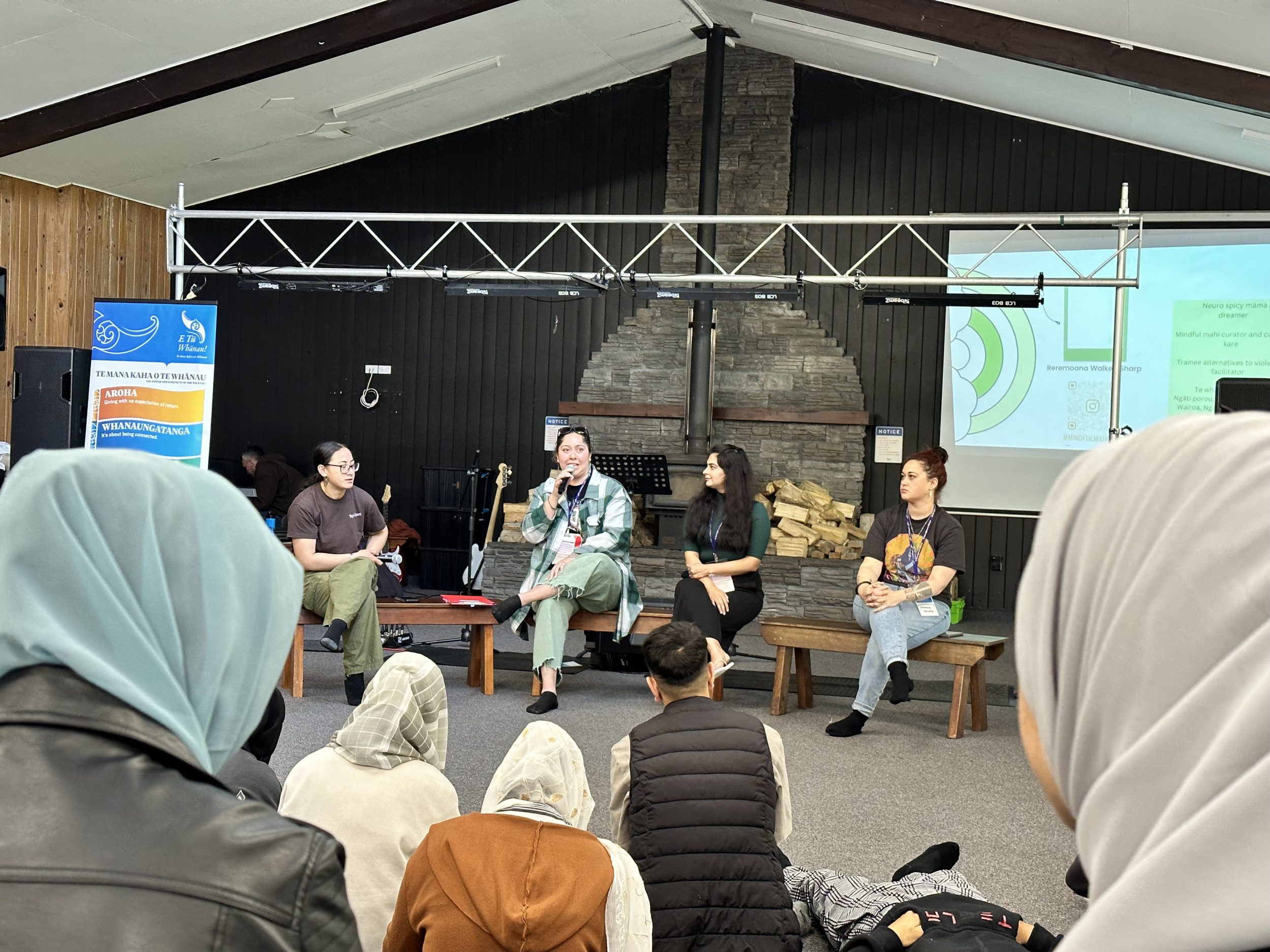 Vyaan Kakau-Leef, Candis Brunning, Behishta Yahya-Zada, and Reremoana Walker-Sharp particiapte in a panel discussion