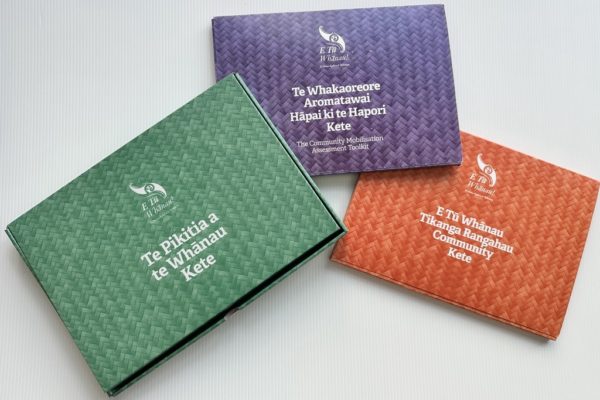 A picture of three coloured wallet folders containing the new E Tū Whānau measurement tools. They all have a woven texture on their covers. The green one is Te Pikitia a te Whānau Kete, the Purple one is Te Whakaoreore Aromatawai Hāpai ki te Hapori kete – The Community Mobilisation Assessment Toolkit,, and the orange wallet folder is E Tū Whānau Tikanga Rangahau – Community Kete