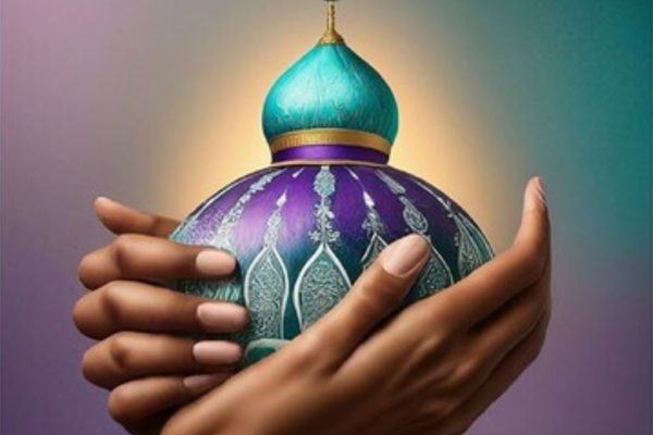 This featured image for the story on Autism Noor depicts the purple and green qubba of a mosque. Cradled carefully in two hands, the qubba is set against a purple and green background.