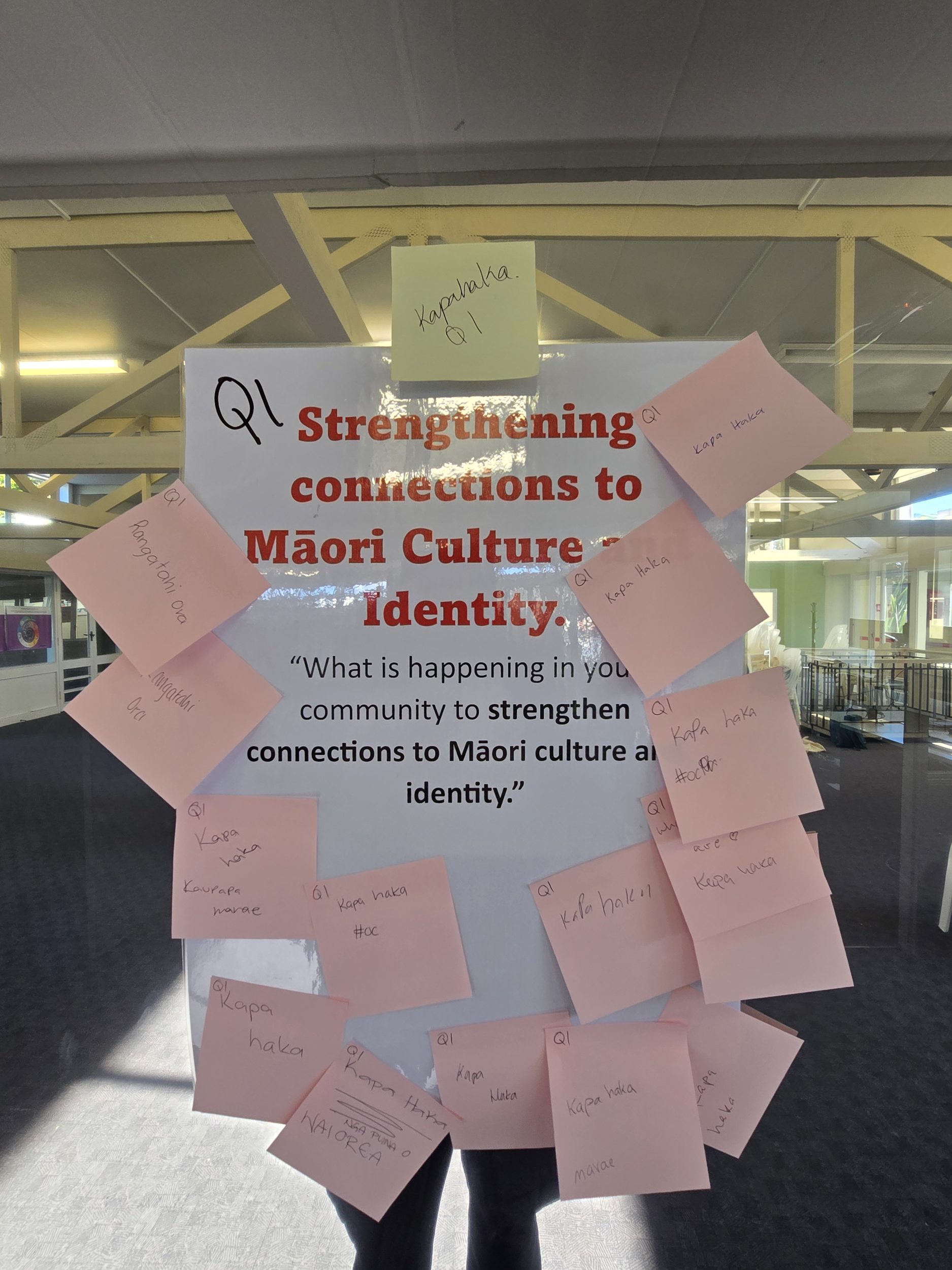 This poster, titled "Strengthening connections to Māori culture and identity" addresses one of the questions in Te Whakaoreore. Several post-it notes with writing on them are stuck on the psoter