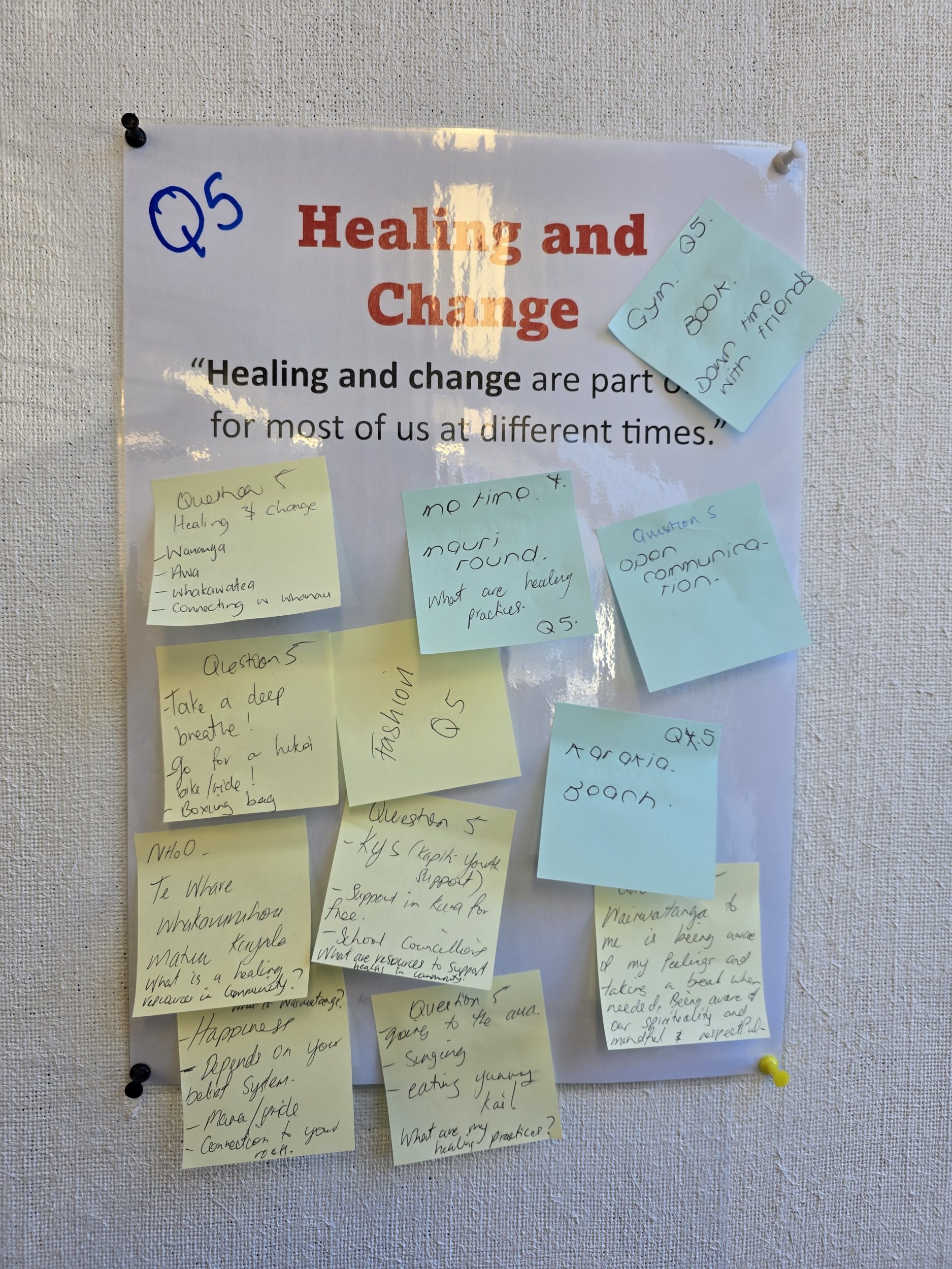 This poster, titled "Healing and change" addresses one of the questions in Te Whakaoreore. It has the subheading "Healing and change are part of life for most of us at different times." Several post-it notes with writing on them are stuck below the subheading.