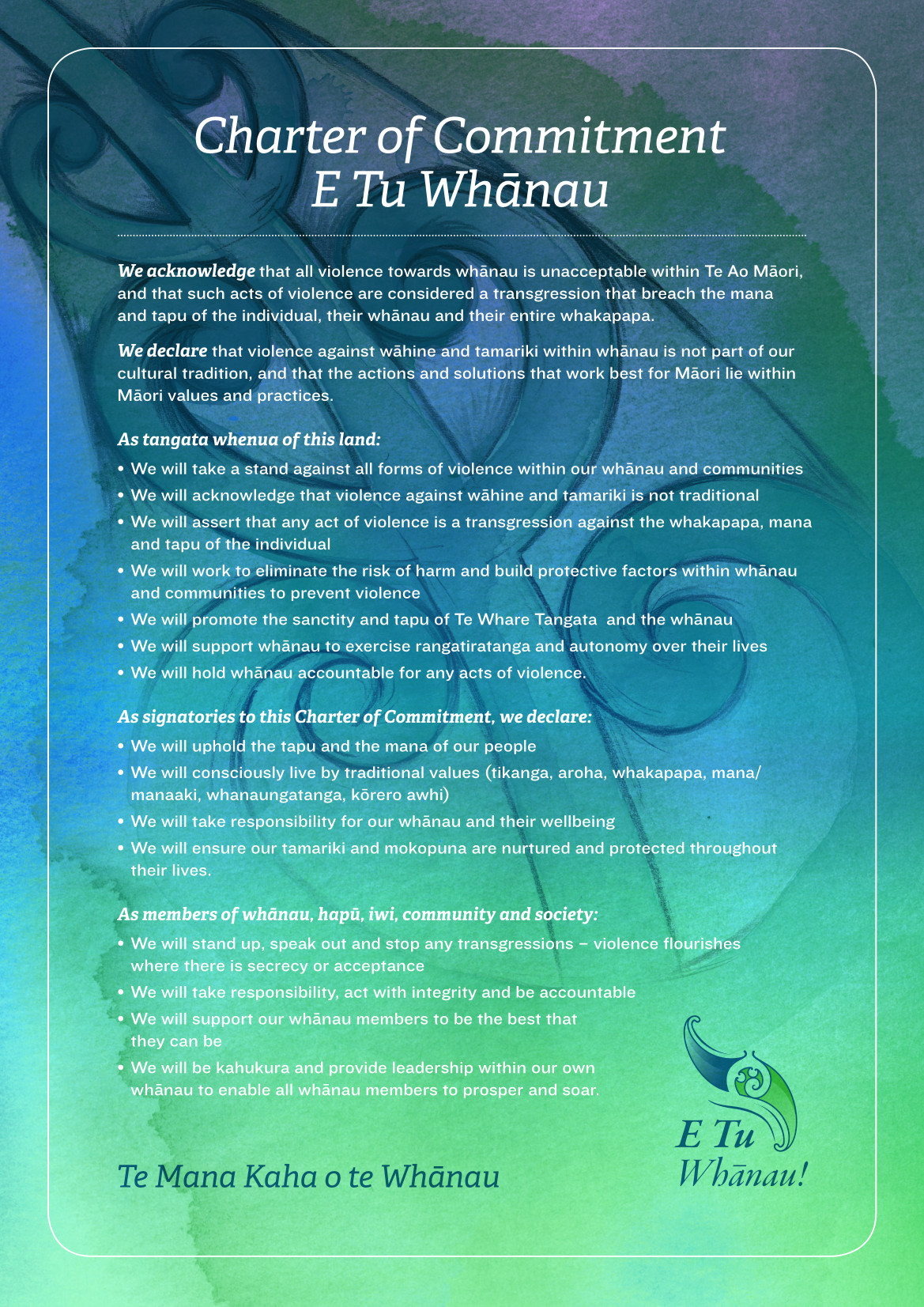 An image of the E Tū Whānau Charter of Commitment. The image links through to a pdf version of the Charter for download.