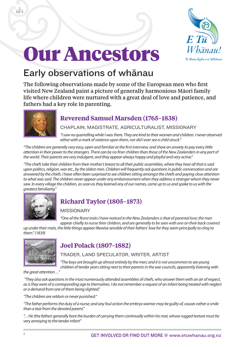 An image of the one of the information sheets available to support Our Ancestors enjoyed loving whānau relationships. The image links through to pdf versions of the information sheets for download. 