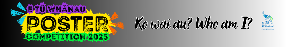 Graphic for E Tū Whānau Poster Competition 2025, on the right of which is the phrase Ko wai au? Who am I? This was one of the community events run in 2025. 