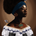 This image is of the poster by Jayda Siyakurima, one of the winners of the E Tū Whānau Poster Competition 2025 (19 years and over category). It depicts an African woman, who looks regal, and is wearing a black and white korowai, a blue headband and wooden earrings. A fantail bird perches on the blue headband, and another on her shoulder. A green tiki hangs at her neck.