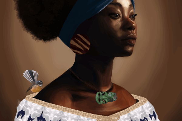 This image is of the poster by Jayda Siyakurima, one of the winners of the E Tū Whānau Poster Competition 2025 (19 years and over category). It depicts an African woman, who looks regal, and is wearing a black and white korowai, a blue headband and wooden earrings. A fantail bird perches on the blue headband, and another on her shoulder. A green tiki hangs at her neck.