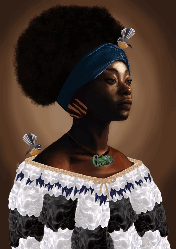 This image is of the poster by Jayda Siyakurima, one of the winners of the E Tū Whānau Poster Competition 2025 (19 years and over category). It depicts an African woman, who looks regal, and is wearing a black and white korowai, a blue headband and wooden earrings. A fantail bird perches on the blue headband, and another on her shoulder. A green tiki hangs at her neck.