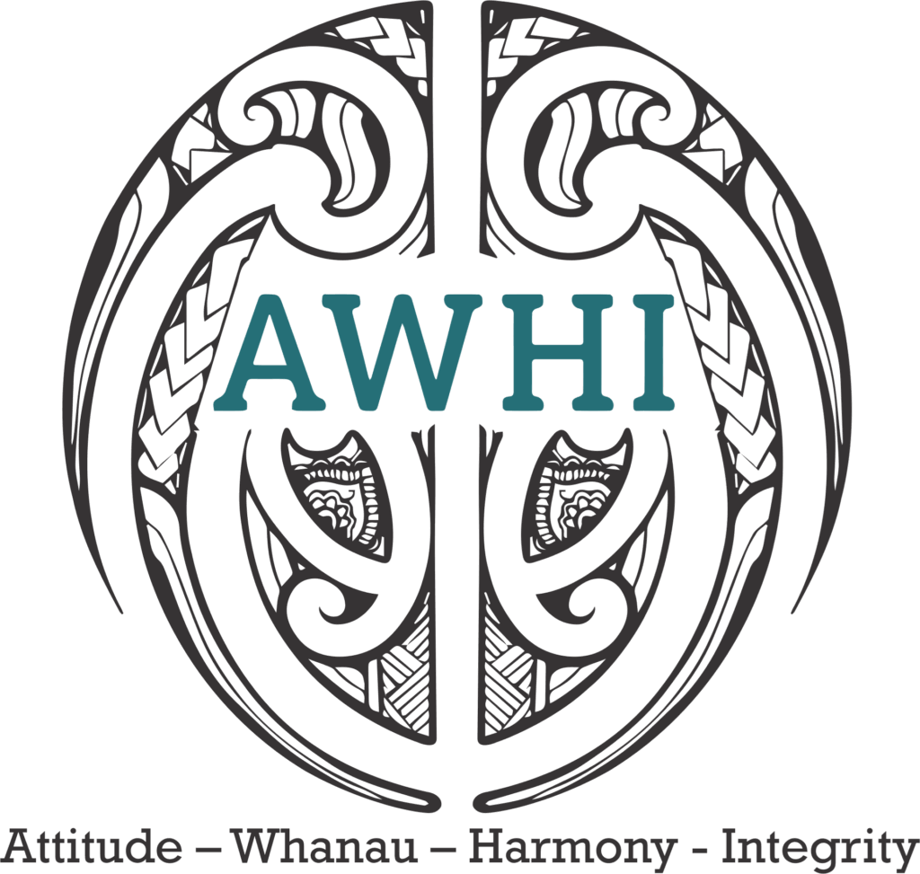 The AWHI logo which is circular and is a traditional Māori koru design at the centre of which is the word AWHI. Below are the words Attitude, Whānau, Harmony, Integrity.