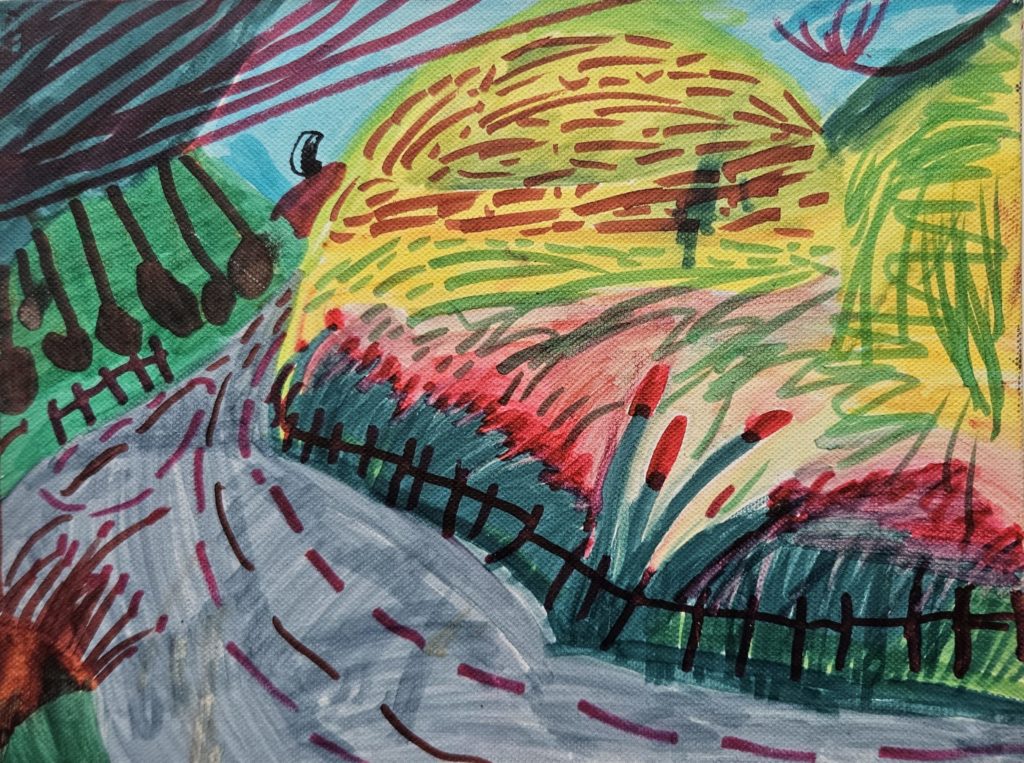 This image is of the poster by Mikaere Wikotu, the People's Choice winner of the winners of the E Tū Whānau Poster Competition 2025. Brightly coloured in red, yellow, green blue and gray, it depicts a fenced raod running between vegetated hills under a blue sky.