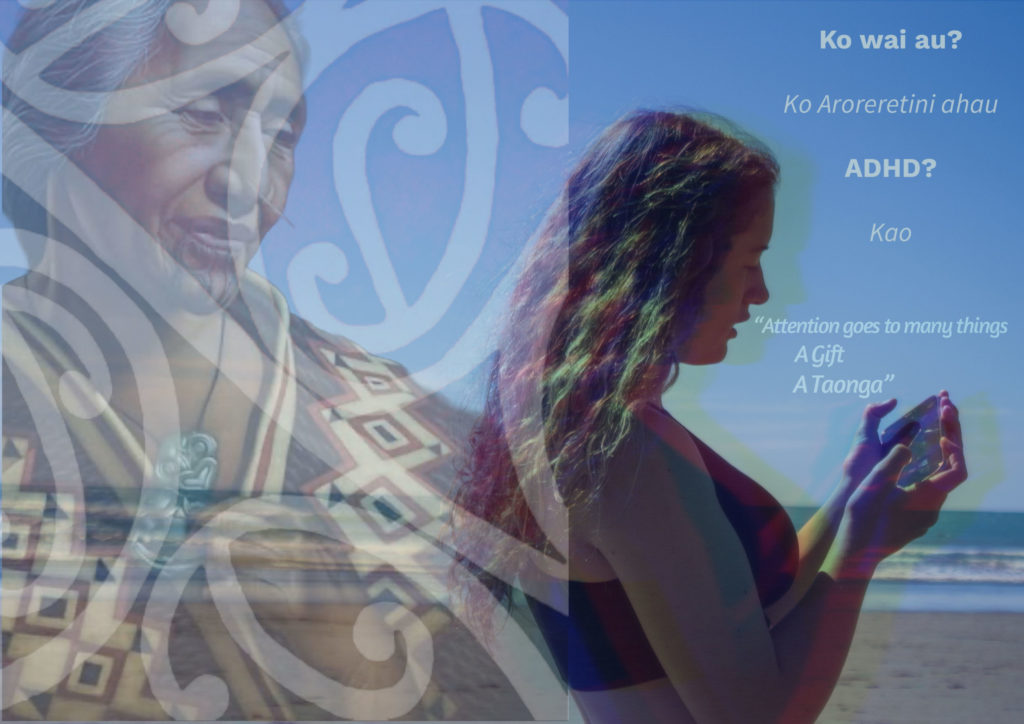 An image of Riley Tohiariki-Silbery's Highly Commended entry in the 13 to 18 years category of the poster competition - one of the community events run by E Tū Whānau in 2025. It is of a two women - one younger and other older. The older woman is looking at a phone and her image is stronger. The older woman, whose image is more faded but larger, is wearing a korowai and pounamu tiki about her neck. The following words are written  on the poster: Ko wai au? Ko Aroreretini ahau. ADHD? Kao. Attention goes to many things. A gift. A taonga. 