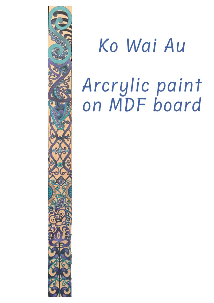 An image of Mila Madhu's third place entry in the 9 years and under category of the poster competition - one of the community events run by E Tū Whānau in 2025. It depicts a blue linear kōwhaiwhai pattern against a light brown background. Next to the image of the pattern, it says: Ko wai au? Acrylic paint on MDF board. 