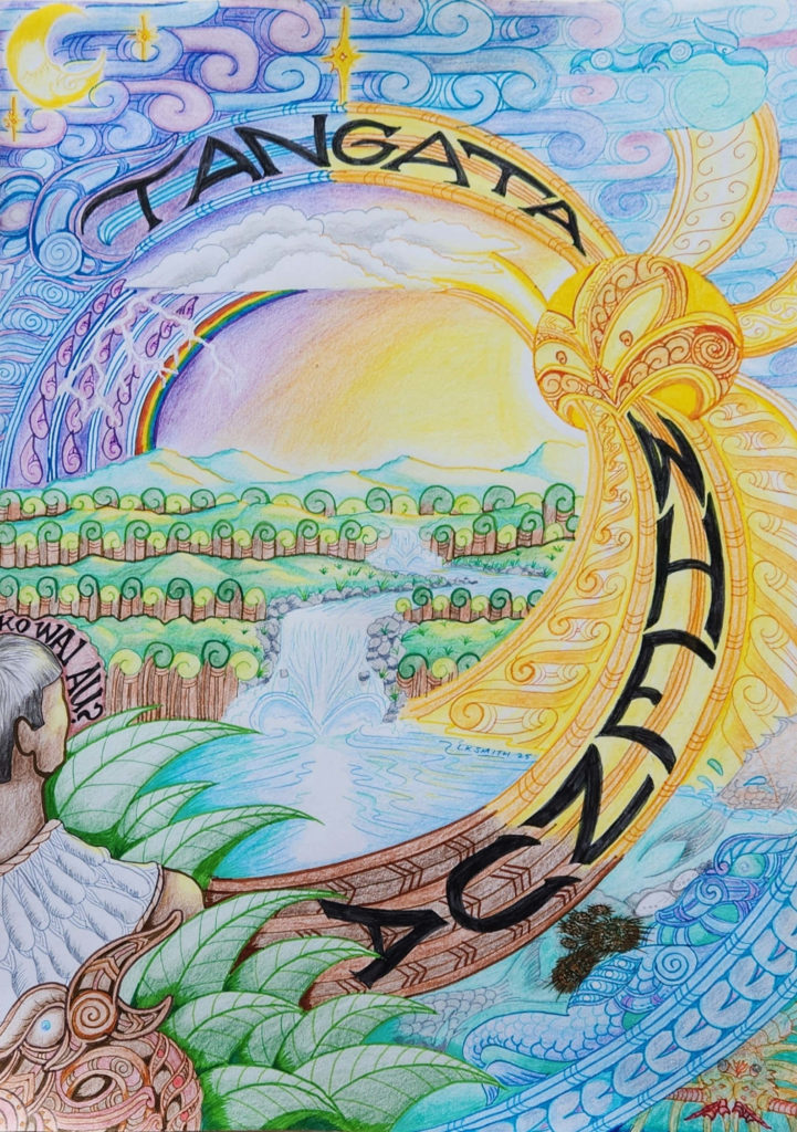 An image of the poster by Louis Smith that came third in the 19 Years and over category of the 2025 poster competition - one the community events run by E Tū Whānau. It symbolically depicts the green land with a blue river flowing through it over which a man gazes. A yellow sun shines over all with the words "Tangata whenua" visible in the sun's rays. 