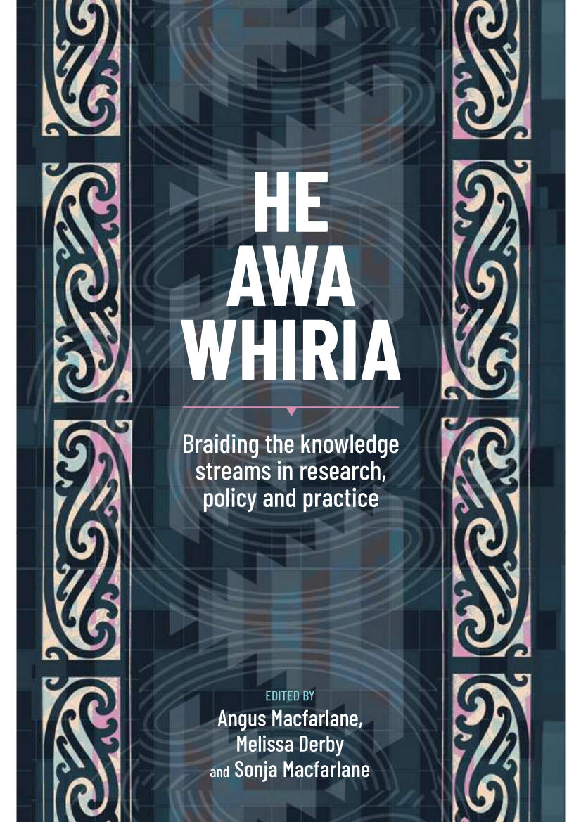 he heavily patterned cover of He Awa Whiria - Braiding the knowledge streams in research, policy and practice. 