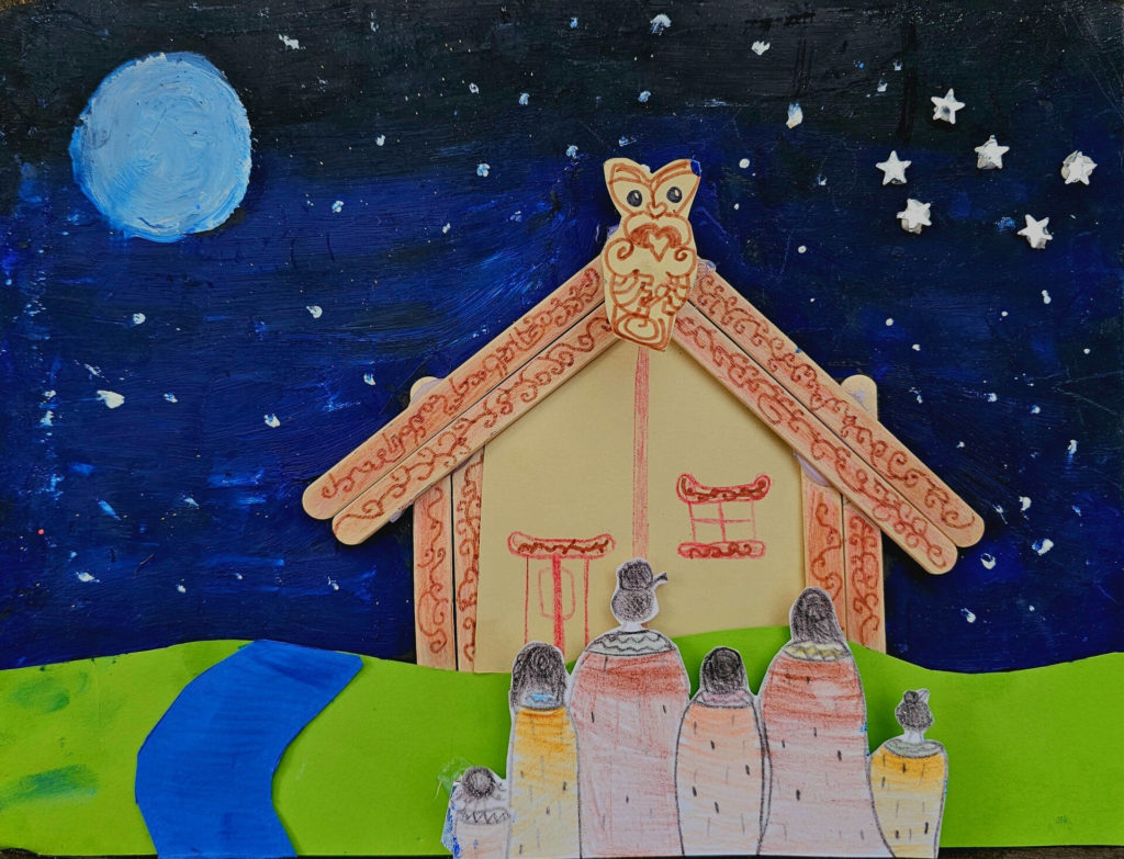 An image of Iva Ley-Smiler's Highly commended entry in the 9 years and under category of the poster competition - one of the community events run by E Tū Whānau in 2025. It depicts a whare nui under a  starry night sky and moon.  Whānau wearring korowai are looking across green space to the wharenui.