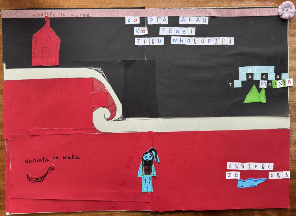 An image of Pia Tua's Highly commended entry in the 9 years and under category of the poster competition - one of the community events run by E Tū Whānau in 2025. It depicts te Tino rangatira flag on top of which are the words: Ko Pia ahau. Ko tēnei toku whakapapa. 