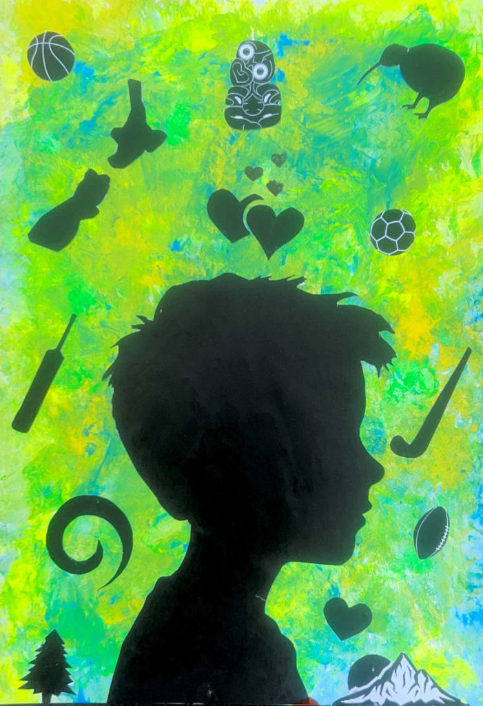 An image of Mason Jones' Highly commended entry in the 9 years and under category of the poster competition - one of the community events run by E Tū Whānau in 2025. Against a lurid green and yellow, it depicts a solid black profile of a boy. He is surrounded by back images of  a kiwi, football, hockey stick, hearts, a mountain, a tree, a koru, a cricket bat, New Zealand, a tiki and a basket ball. 
