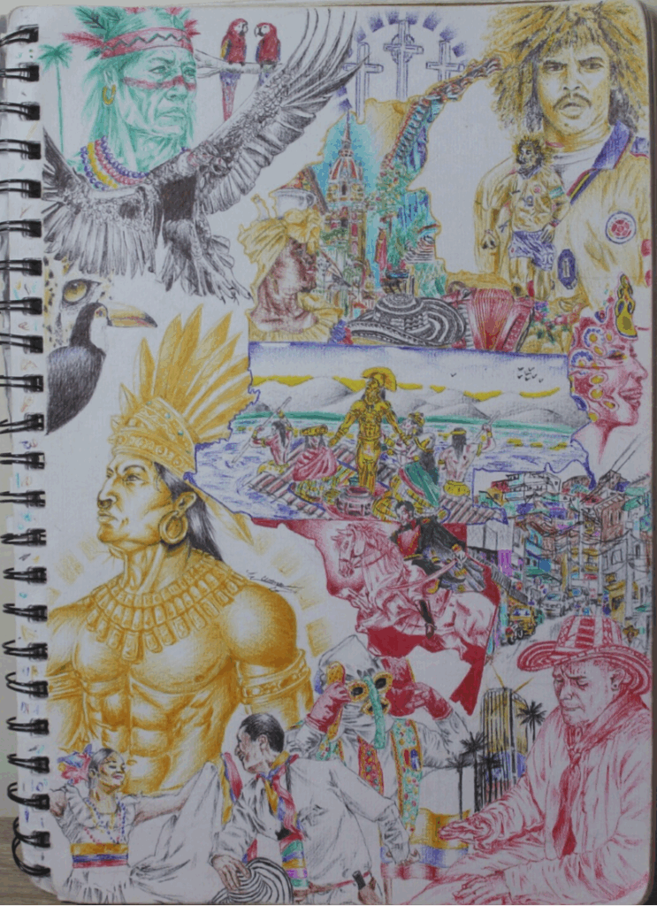 An image of Bailey Harrison's Highly Commended entry in the 13 to 18 years category of the poster competition - one of the community events run by E Tū Whānau in 2025. It depicts lots of coloured pencils images of various things, including an ancient Indigenous warrior, several men in modern, western clothing, birds and women dancing. 