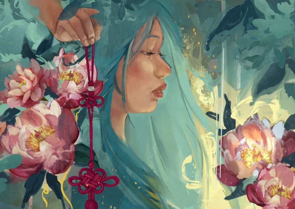 An image of Nina Chiang's Highly Commended entry in the 13 to 18 years category of the poster competition - one of the community events run by E Tū Whānau in 2025. IN pastel colours, it depicts a young woman's head in profile, surrounded by pastel blue hair and plant foliage. Near her, a hand holds large red, pink and white flowers. 