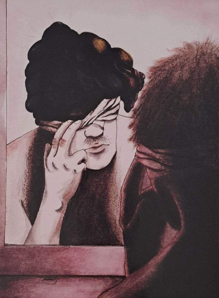 An image of River Day's Highly Commended entry in the 19 Years and over category of the poster competition - one of the community events run by E Tū Whānau in 2025. It is a sepia and black image of teenage boy "peeling" the skin from above his eye and down towards his cheek. His brain area is just dark. 