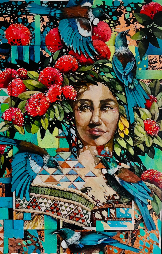 An image of Amber Adam's Highly Commended entry in the 19 Years and over category of the poster competition - one of the community events run by E Tū Whānau in 2025. Brightly coloured, it depicts a woman's face surrounded by flowers, birds, the sea and bright patterns. 