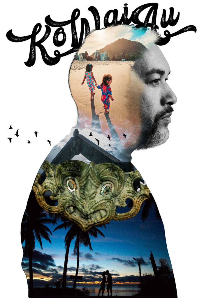 An image of Andrew Strickland's Highly Commended entry in the 19 Years and over category of the poster competition - one of the community events run by E Tū Whānau in 2025. It is of a man pictured side on from the waist up. The space of his body and head are filled with coloured pictures of children on a beach, mountains, pounamu tiki and palm trees at sunset. 