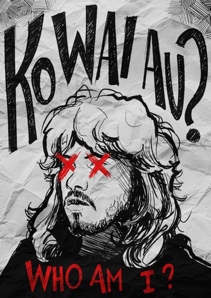 An image of Jacob Innes' Highly Commended entry in the 13 to 18 years category of the poster competition - one of the community events run by E Tū Whānau in 2025. A black line drawing of a young man's face is shown against a grey background. His hair is mid-length and above him are the black words Ko wai au? The young man's eyes are depicted by two red crosses. 