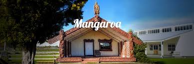This image shows the whare nui of Mangaraoa, one of the marae hosting the open days. The picture shows the wharenui in gentle sunlight. General marae grounds and buildings are visible next to the wharenui. 
