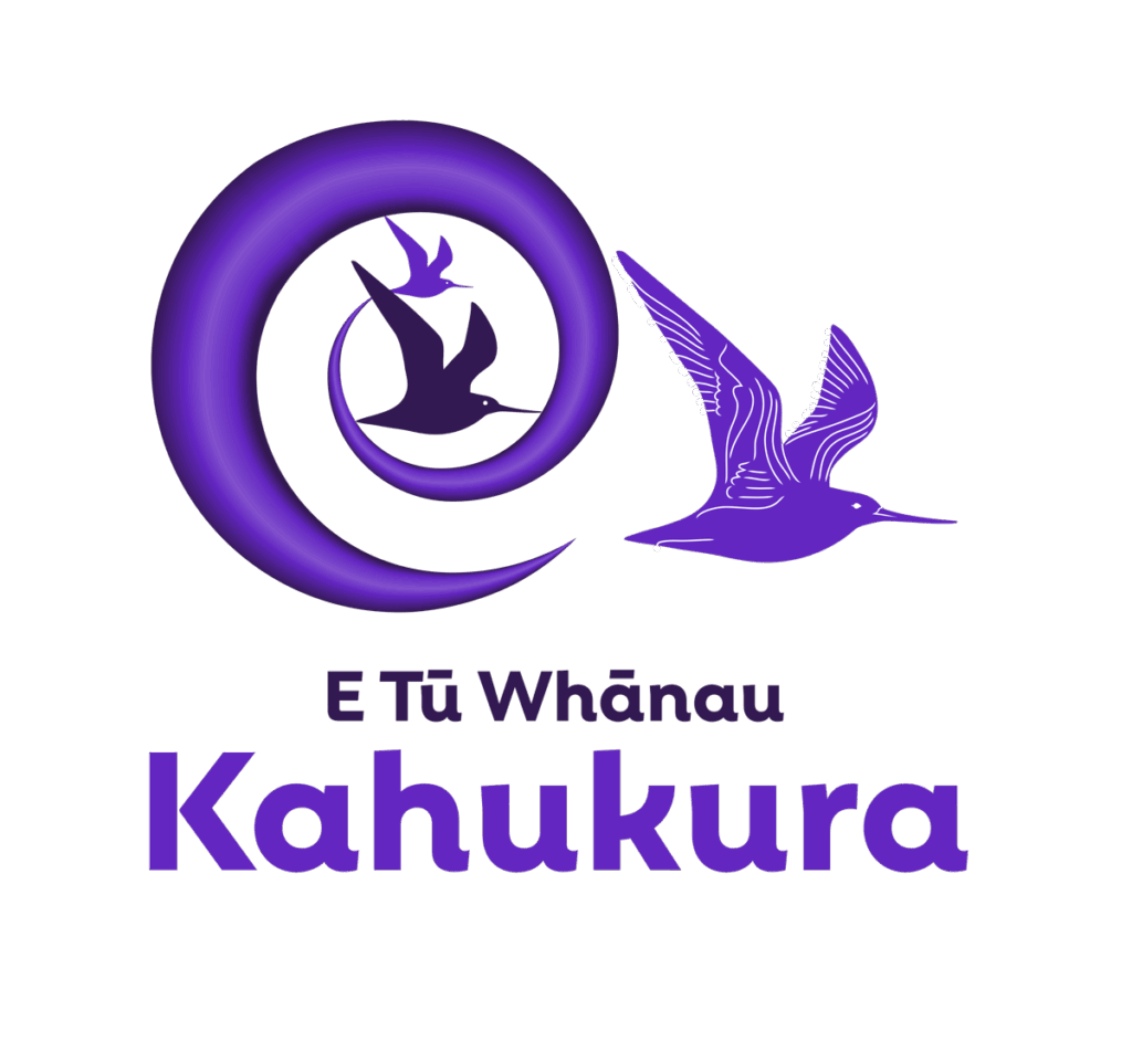 This purple and back logo for E Tū Whānau kahukura depicts three kuaka in flight through a spiral graphic.