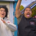 Two rangatahi, Waitahi Aniwaniwa McGee and Tahuaroa Ohia, doing the pūkana while wearing Maoriland shirts.
