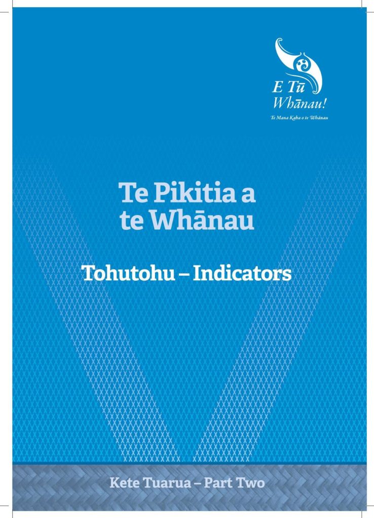 The image of the blue cover of Tohutohu - Indicators, the first booklet in Te Pikitia a te Whānau.